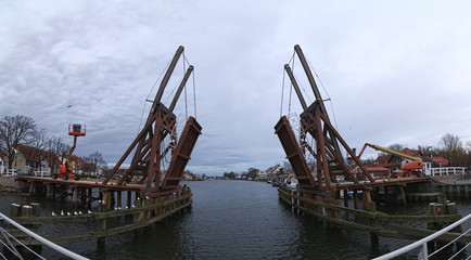 Panoramic shot of the historical bascule bridge in Wieck (Greifswald), Mecklenburg-Vorpommern,...