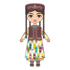  The girl in  Uzbek dress. Historical clothes.  Linear pattern on a white background.  Line drawing festive. Vector drawing.