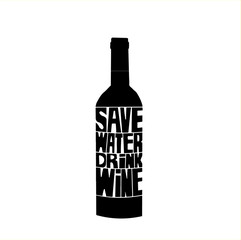 Poster wine glass restaurant in retro vintage style lettering Save water drink wine in black and white graphics