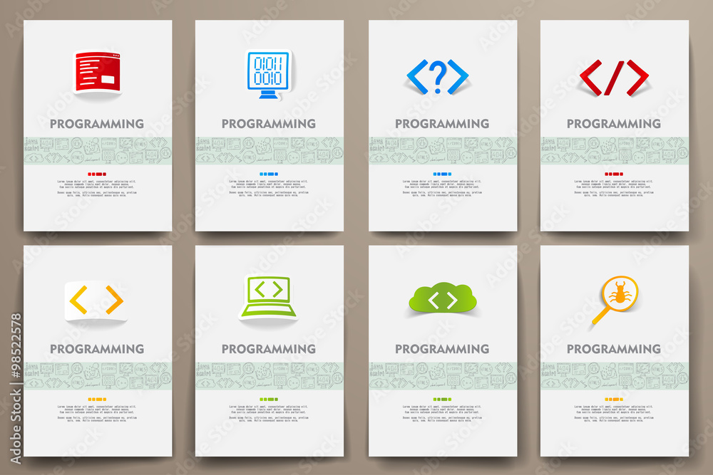 Poster corporate identity vector templates set with doodles programming theme