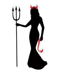 silhouette elegant woman in a long dress and a pitchfork in his hand.
A woman has a red tail and horns