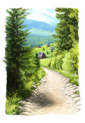Cartoon painted scene nature in the mountains - illustration for the children