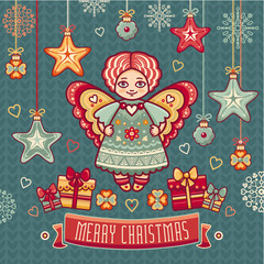 Angel. Set of color Christmas toys. Holiday decorations. Template for design. Winter. New Year decoration. Cut the paper. Eps. Pattern toy. Christmas balls. Knitting. 