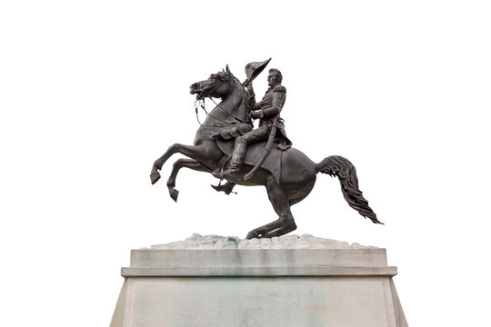 A statue of President Andrew Jackson riding his horse by Clark Mills, in Layfayette Square, Washington, DC,  U.S. isolated on white background