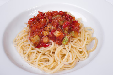 vegetable pasta with meatballs and tomato sauce