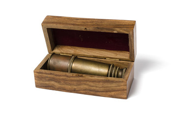 vintage telescope in a wooden case