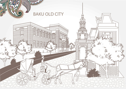 Baku Azerbaijan old city retro with chorce coach