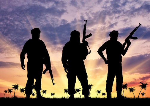 Silhouette of men with rifles standing during sunset