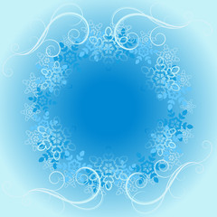 Blue winter ornamental round frame vector template.
