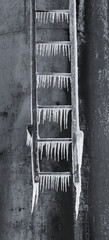 Pointy icicles hang down from rusty iron ladder