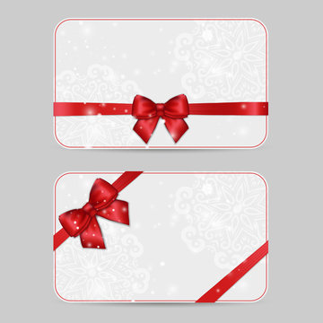 Set of ornamental Card Templates with Shiny holiday red satin ri