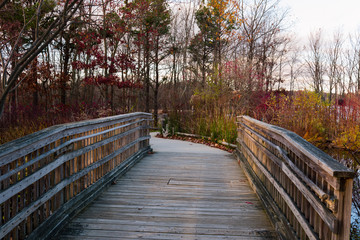 Photo of a wooden  bridge in a park going over a stream. 