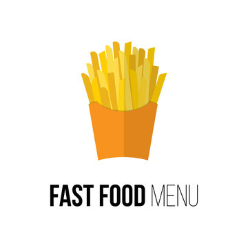 Lunch french fries isolated on white. Flat design. Logo for fast food restaurant. Vector poster of unhealthy junk food