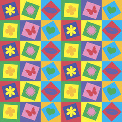 multicolored squares and rhombs with a flower, a star, heart, lips, butterfly