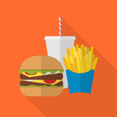 Lunch french fries, burger and soda takeaway. Flat design. Fizzy