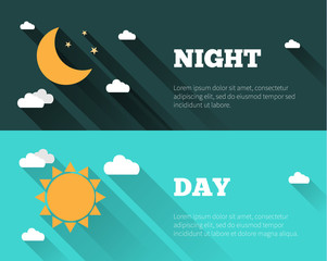 Sun, moon and stars, clouds icons. Day and night sky vector banners. Flat style illustration with long shadows. Day time concept posters.