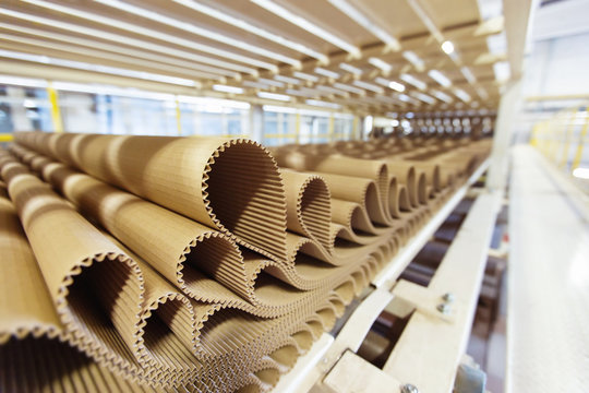 Closeup Image Of Pleat Cardboard Row At Factory Background.