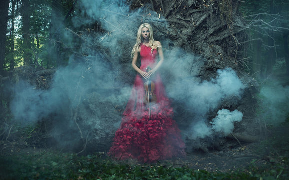 Red nymph holding a violin