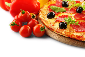 Pepperoni pizza with vegetables isolated on white