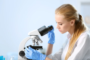 Fototapeta premium Young female medical technician working in laboratory