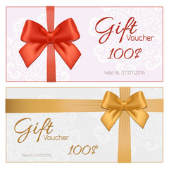 Fototapeta na wymiar Voucher template with floral pattern, border, red and gold bow and ribbons. Design usable for gift coupon, voucher, invitation, certificate, diploma, ticket etc.