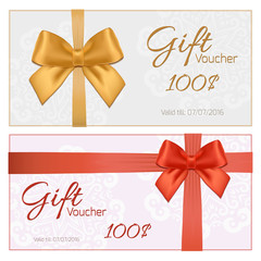 Fototapeta na wymiar Voucher template with floral pattern, border, red and gold bow and ribbons. Design usable for gift coupon, voucher, invitation, certificate, diploma, ticket etc.