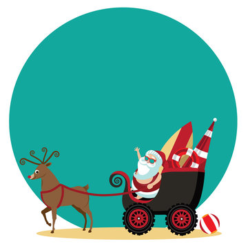 Cartoon Santa Claus waves hello from his dune buggy on a tropical beach. EPS 10 vector illustration.