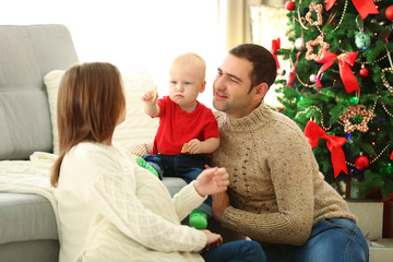 Christmas family portrait in home holiday living room