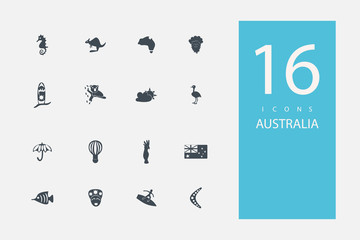 collection of icons in style flat gray color on topic Australia