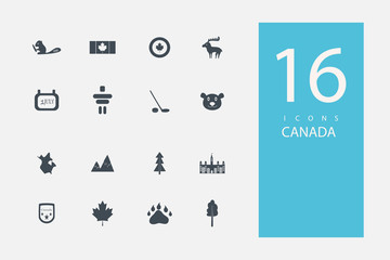 collection of icons in style flat gray color on topic Canada