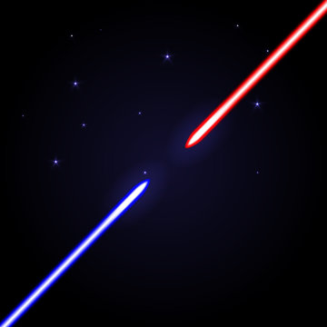 Two glowing swords opposed to each other on cosmic dark blue background with stars. Red and blue light shiny weapon as war symbol.