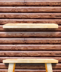 Empty Wooden Table top at red brown log wood wall,Template mock