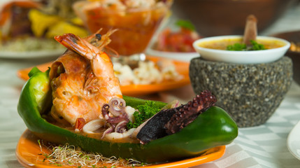 Exotic and elegant seafood dishes on a table