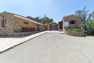 Obraz premium Fisheye view on ancient Stavrovouni Monastery (327-329 AD) gates. Cyprus