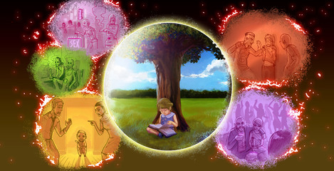 Cartoon child reading book under tree in peaceful nature environment, far from bad influences such...