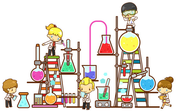 Cartoon Children Study Chemistry Experimenting In Laboratory With Test Tube Beaker And Science Tool In Isolated Background (vector)