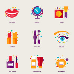 Beauty colorful vector icons set: lip gloss, mirror, blush, lips