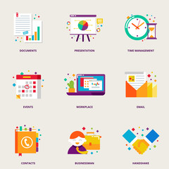 Office and business colorful vector icons set: documents, presen