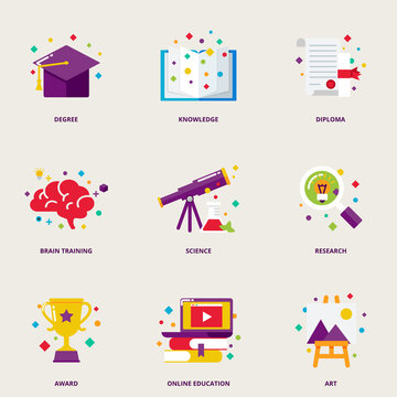 Education and research colorful vector icons set: degree, knowle
