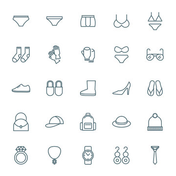 Underwear, shoes and accessories vector icons set