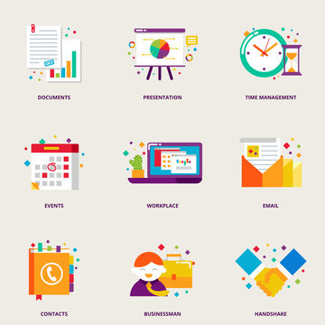 Office and business colorful vector icons set: documents, presen