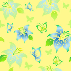 Beautiful seamless floral pattern with butterflies - 98537900