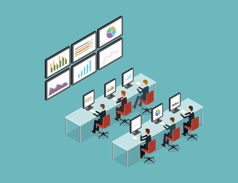 business people analytic on monitor graph report  and SEO on web.flat 3D vector .stock money.finance and investment.business research