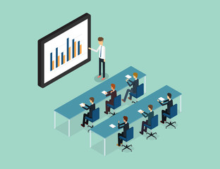 business conference and presentation on finance graph report monitor . analytic on monitor .flat 3D vector .business man .finance and investment .business training .stock training.business meeting.

