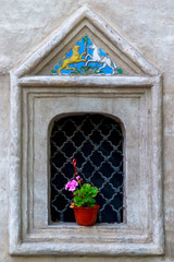 Fototapeta na wymiar geraniums in pots on the windowsill with the lattice in antique