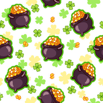 Seamless Pattern With A Pot Of Gold Four-leaf Clover And A Dolla