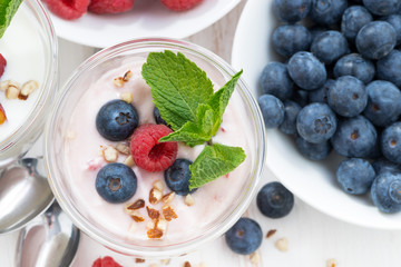 Fresh fruit yogurt with berries, top view