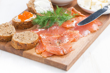 salted salmon, red caviar, toast and butter, close-up