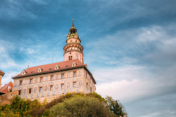 Medieval Castle tower in Cesky Krumlov, Czech republic.