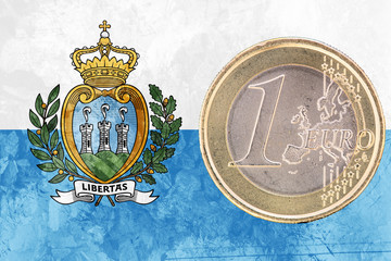 One euro coin on the flag of San Marino as background